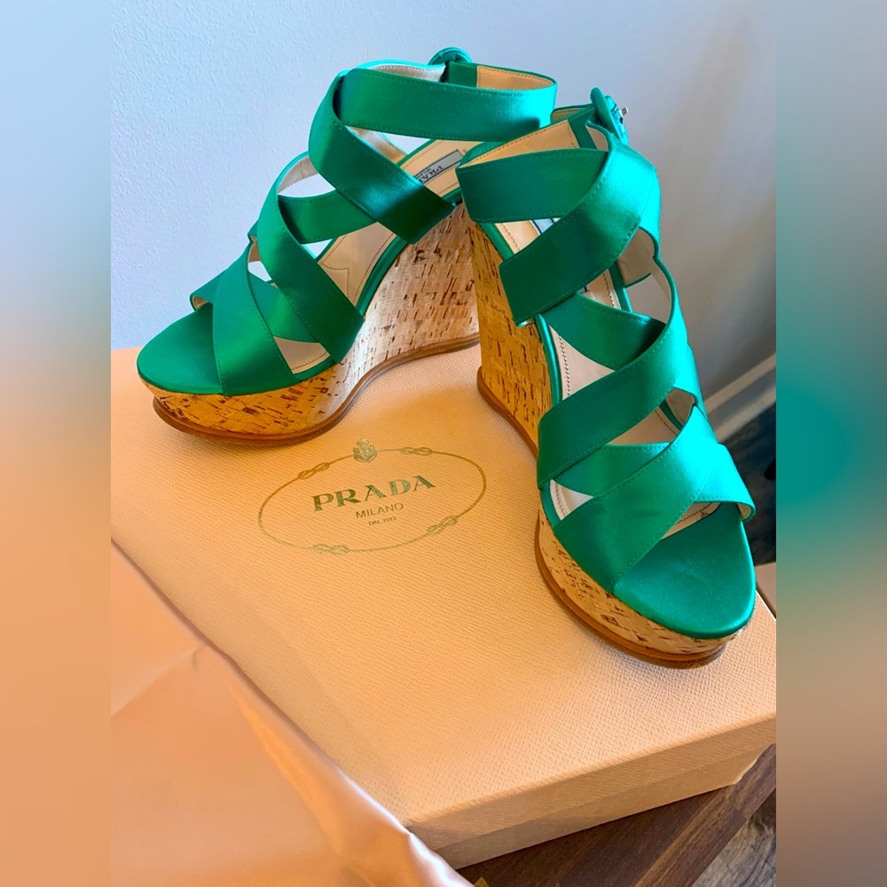 Prada Assenzio (absinthe/emerald green), 40/Size 9, criss cross cork wedge